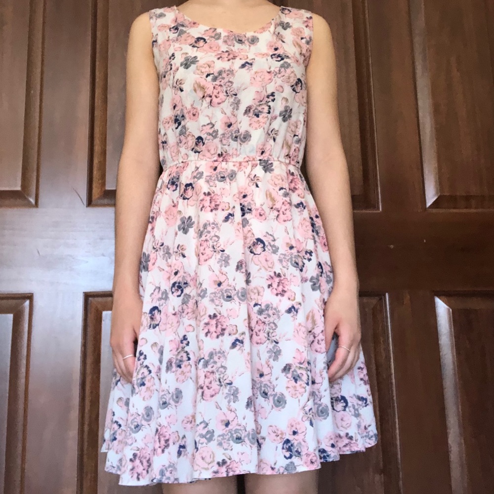 Pink Floral Korean Mini Dress- One Size (EUC)